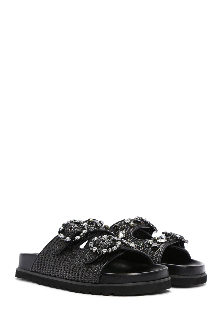 Women's Black Straw Stone Slippers