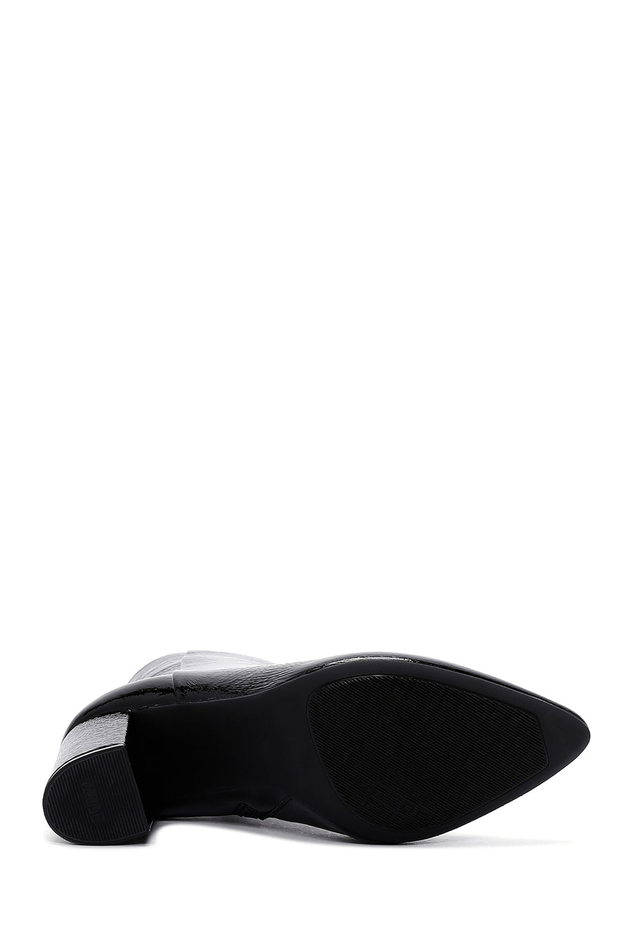 Women's Black Zippered Thick Heeled Patent Leather Boots