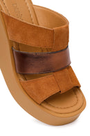 Woman Tan Wedge-Heel Suede Leather Comfort Slippers | Derimod