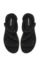 Women's Black Thick-Soled Patterned Fabric Sandals | Derimod