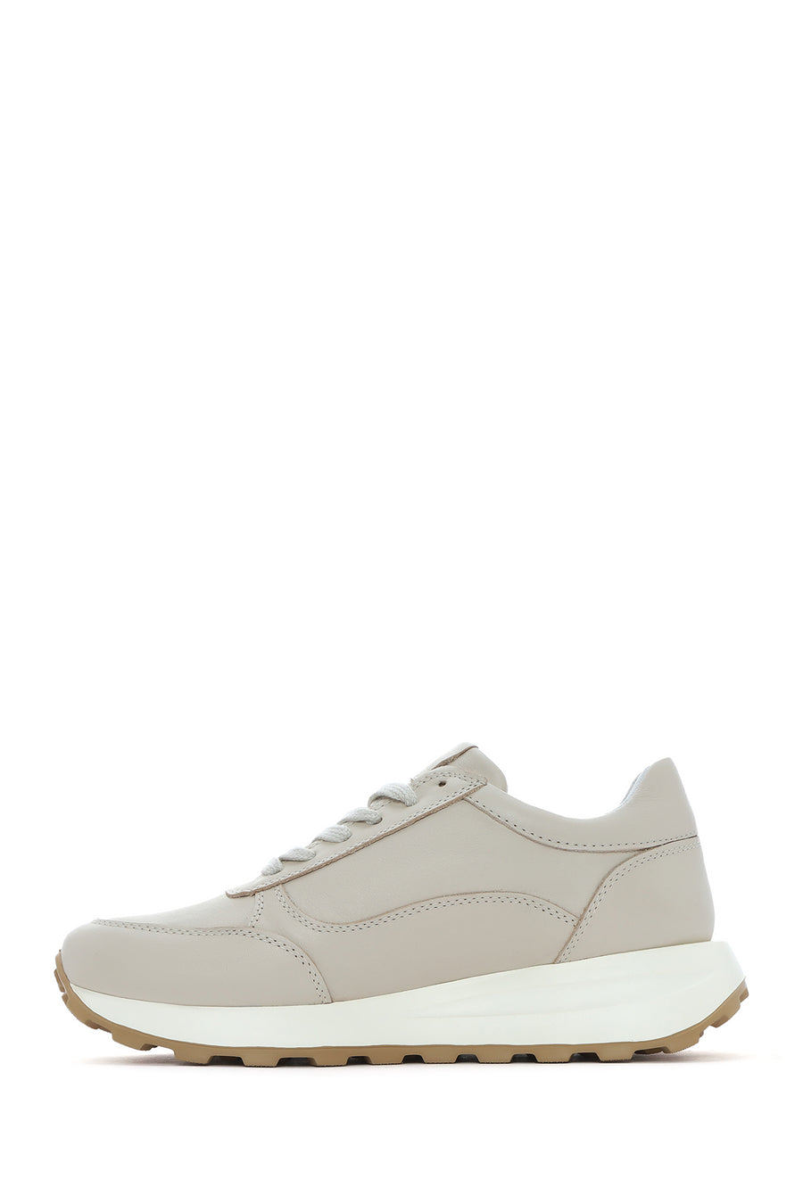 Women's Beige Lace-Up Side Zip Leather Sneakers