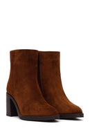 Woman Walnut Zip Closure Chunky Heeled Suede Boots | Derimod