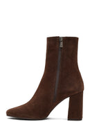 Woman Brown Zip Closure Chunky Heeled Suede Boots | Derimod