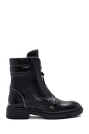 Women's Black Zippered Stoned Leather Combat Boots | Derimod