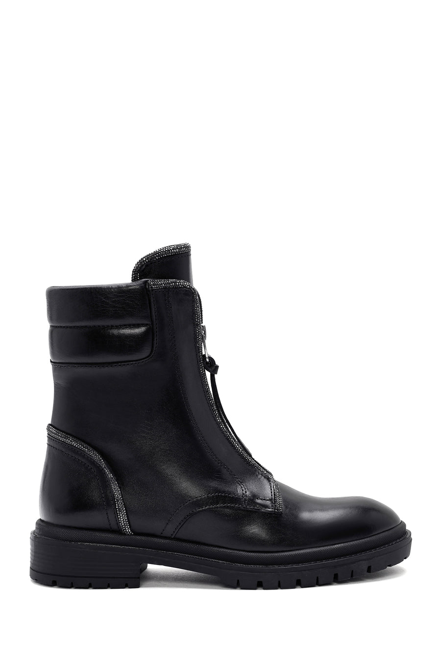 Women's Black Zippered Stoned Leather Combat Boots 24WFD185118 | Derimod
