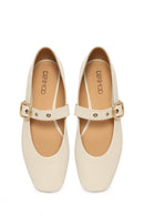 Woman Cream Buckled Leather Ballerine Shoes | Derimod