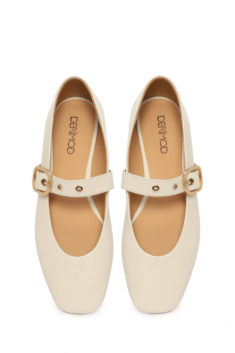 Woman Cream Buckled Leather Ballerine Shoes