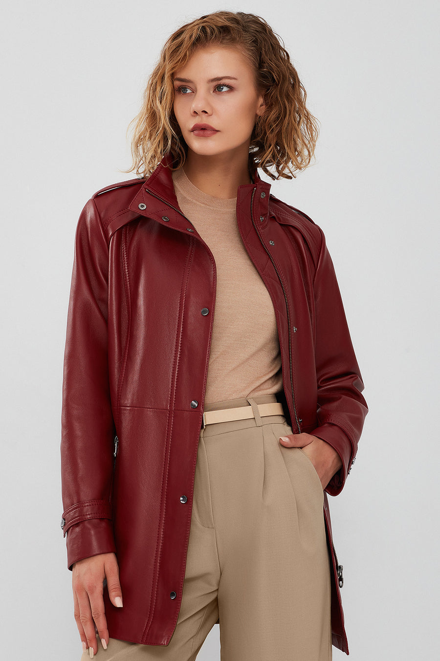 Whitney Women's Burgundy Long Leather Jacket