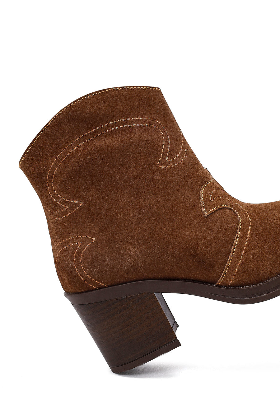 Woman Tan Suede Chunky Heel Leather Cowboy Boots