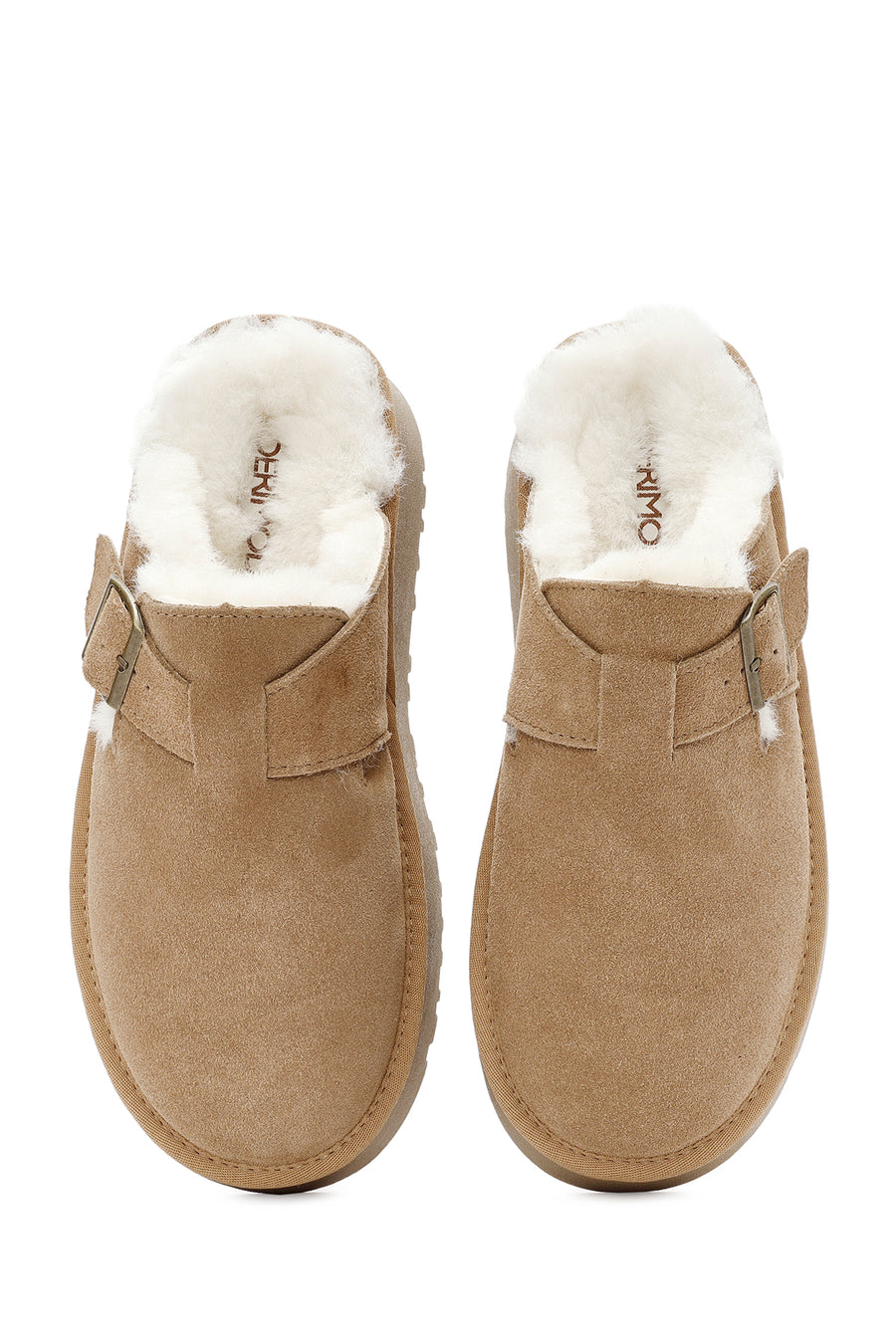 Women's Camel Thick-Soled Fur Detailed Suede Leather Slippers