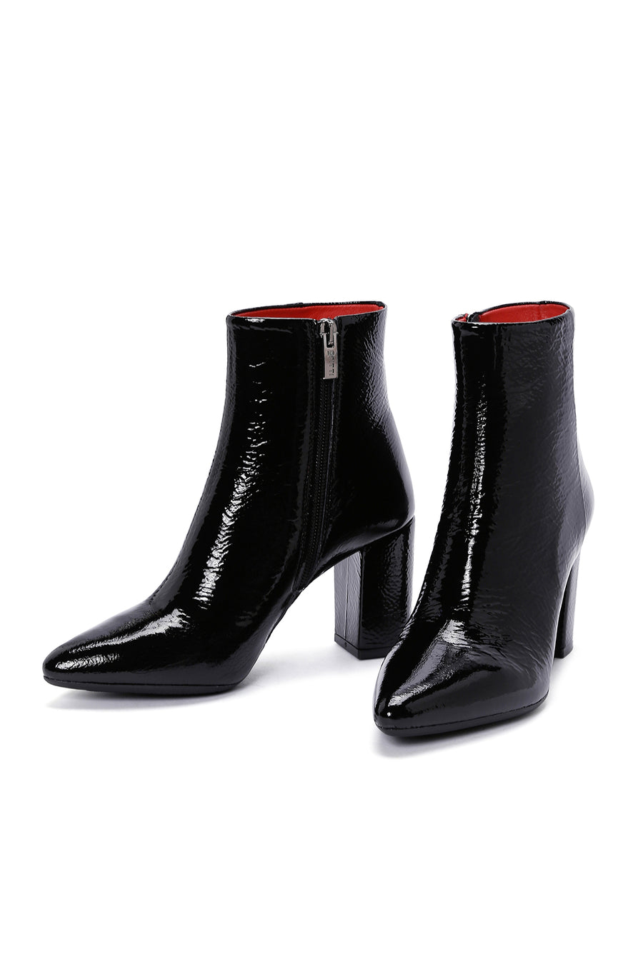 Women's Black Zippered Thick Heeled Patent Leather Boots