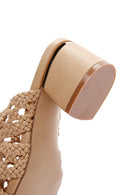 Women's Beige Knitted Short Thick Heeled Slippers | Derimod