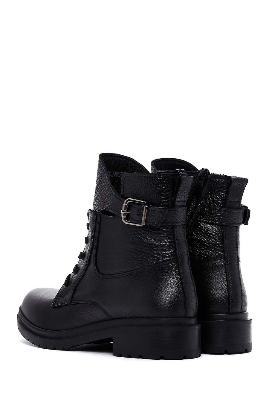 Woman Black Zippered Buckle Detail Leather Casual Boots