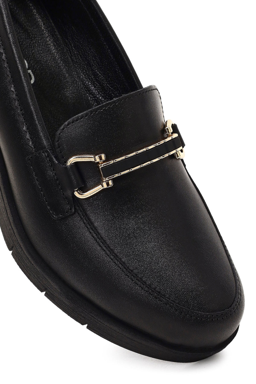 Woman Black Buckled Wedge Leather Comfort Loafer