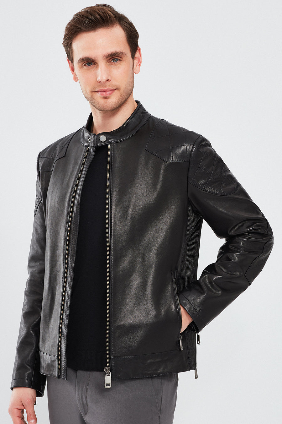 Jackson Men's Black Slim-Fit Sports Leather Coat 24SGD6523VE | Derimod