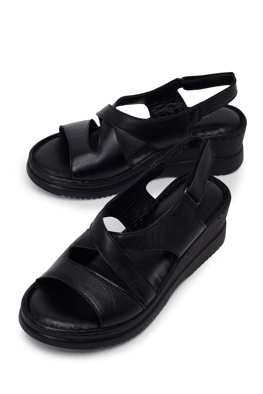 Woman Black Wedge Heel Leather Comfort Sandal