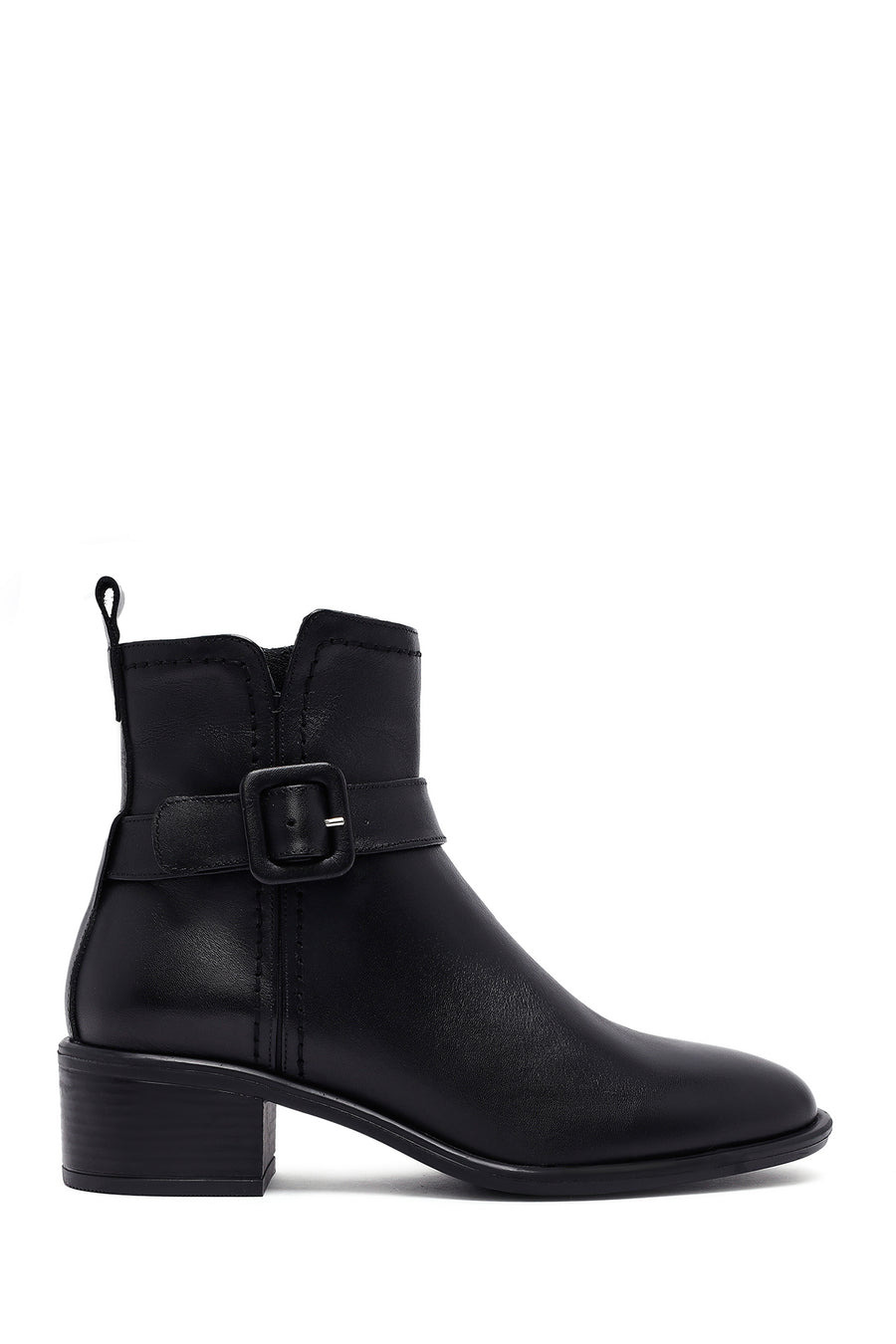 Women's Black Zippered Short Thick Heeled Leather Boots 25WFD202818 | Derimod