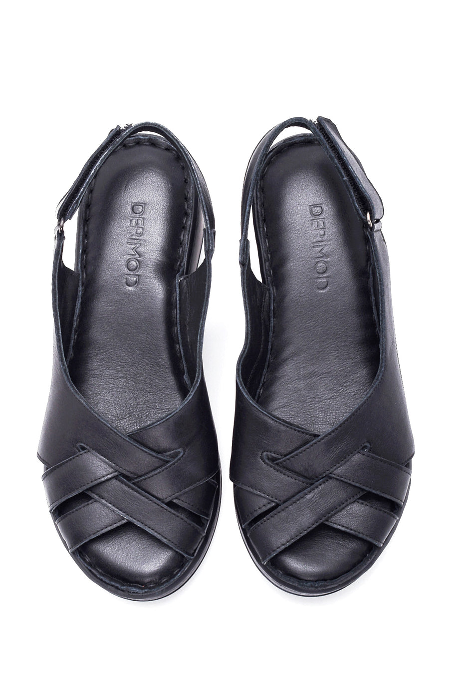 Women's Black Leather Wedge Heel Comfort Sandals
