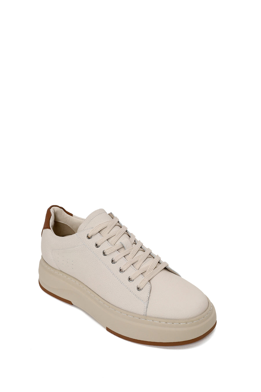 Erkek Beyaz Bağcıklı Kalın Tabanlı Deri Sneaker