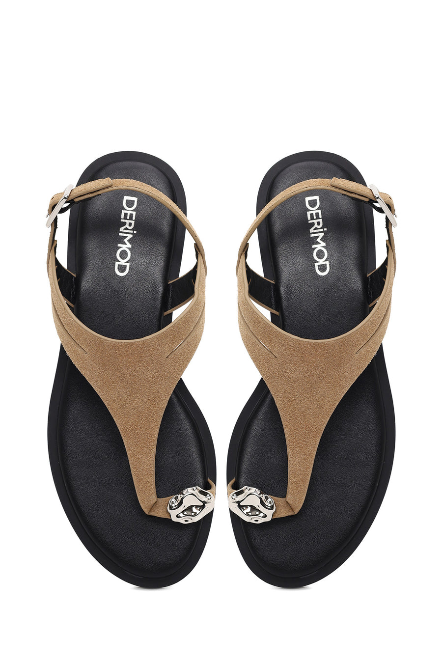 Woman Beige Buckled Toe-Post Suede Sandal