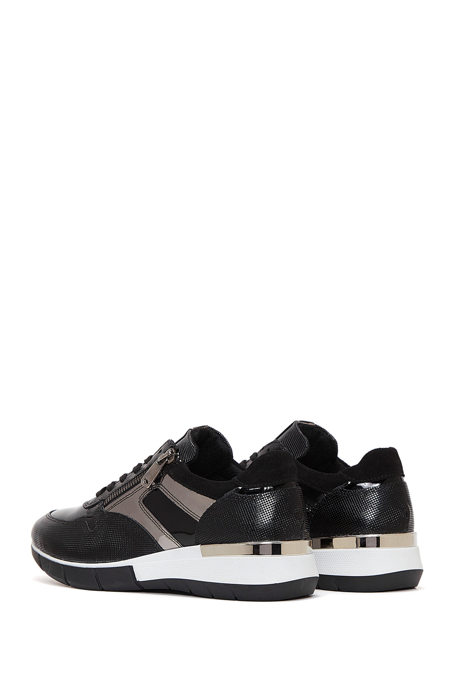 Women's Black Lace-Up Zipper Detail Leather Sneakers