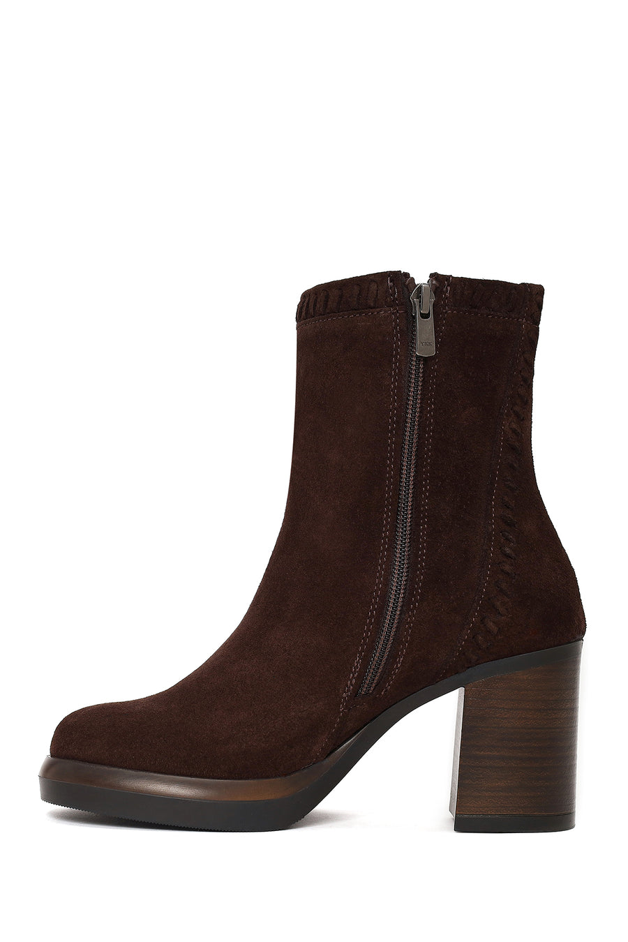 Woman Brown Zip Closure Chunky-Heeled Suede Leather Boots