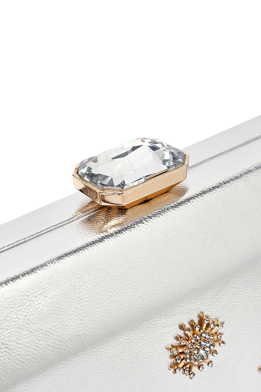 Women's Silver Long Chain Strap Stone Metallic Mini Evening Box Bag