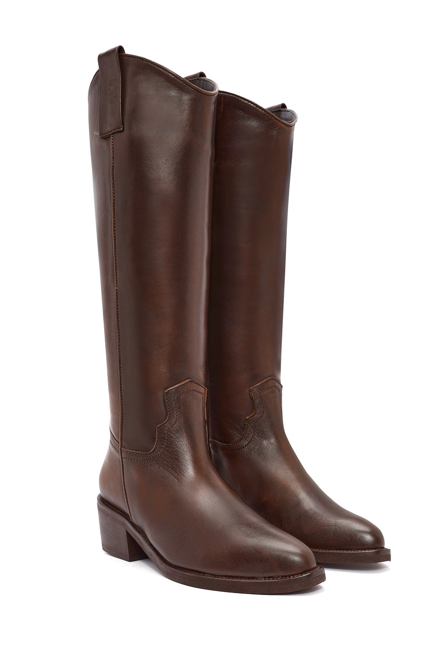 Women's Brown Chunky Heel Leather Cowboy Boots