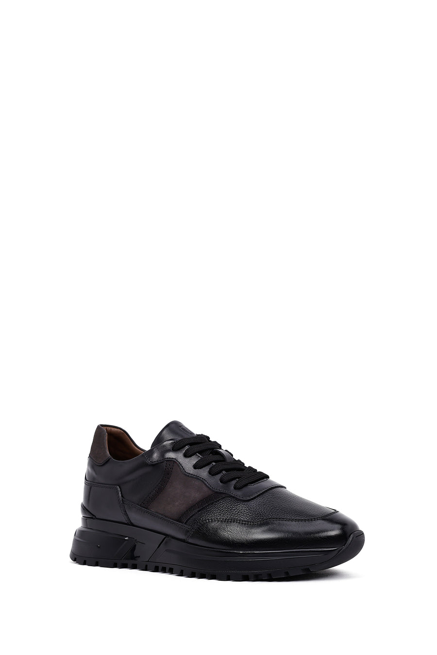 Erkek Siyah Bağcıklı Kalın Tabanlı Deri Casual Sneaker