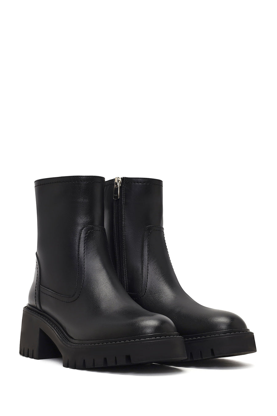 Women's Black Zippered Thick-Soled Leather Boots