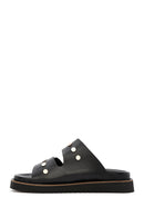 Women's Black Metal Detailed Leather Slippers | Derimod