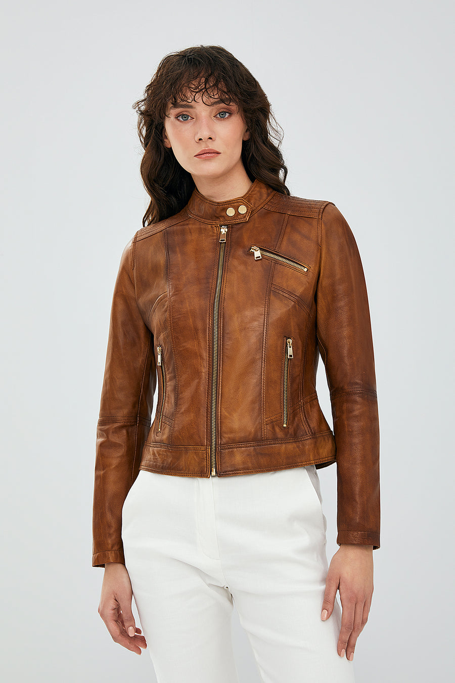 Kylie Kadın Camel Kısa Deri Ceket