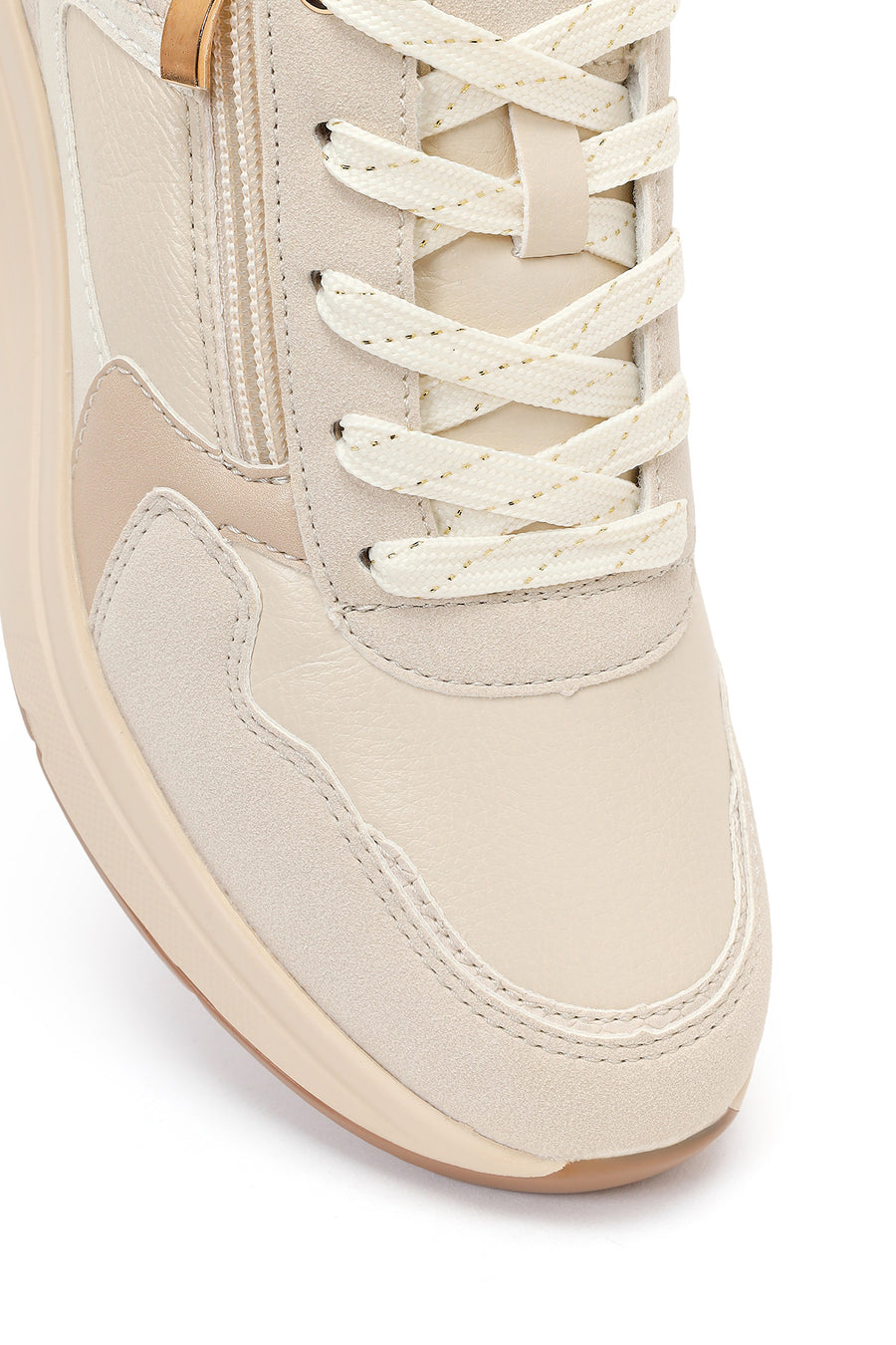 Woman Beige Side-Zip Lace-Up Chunky Platform Sneakers