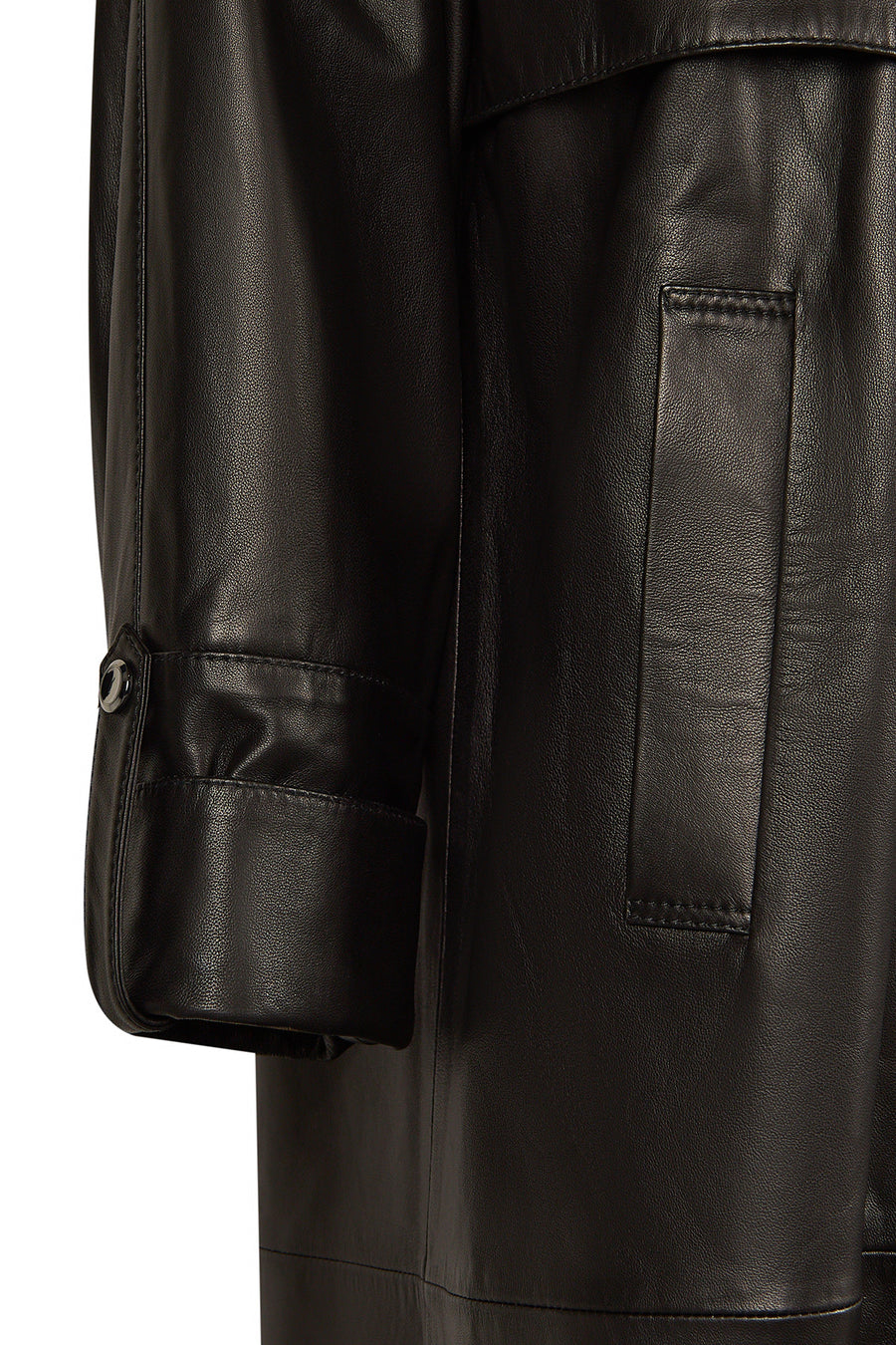 Adele Woman Black A-Line Hooded Fur Collar Leather Overcoat