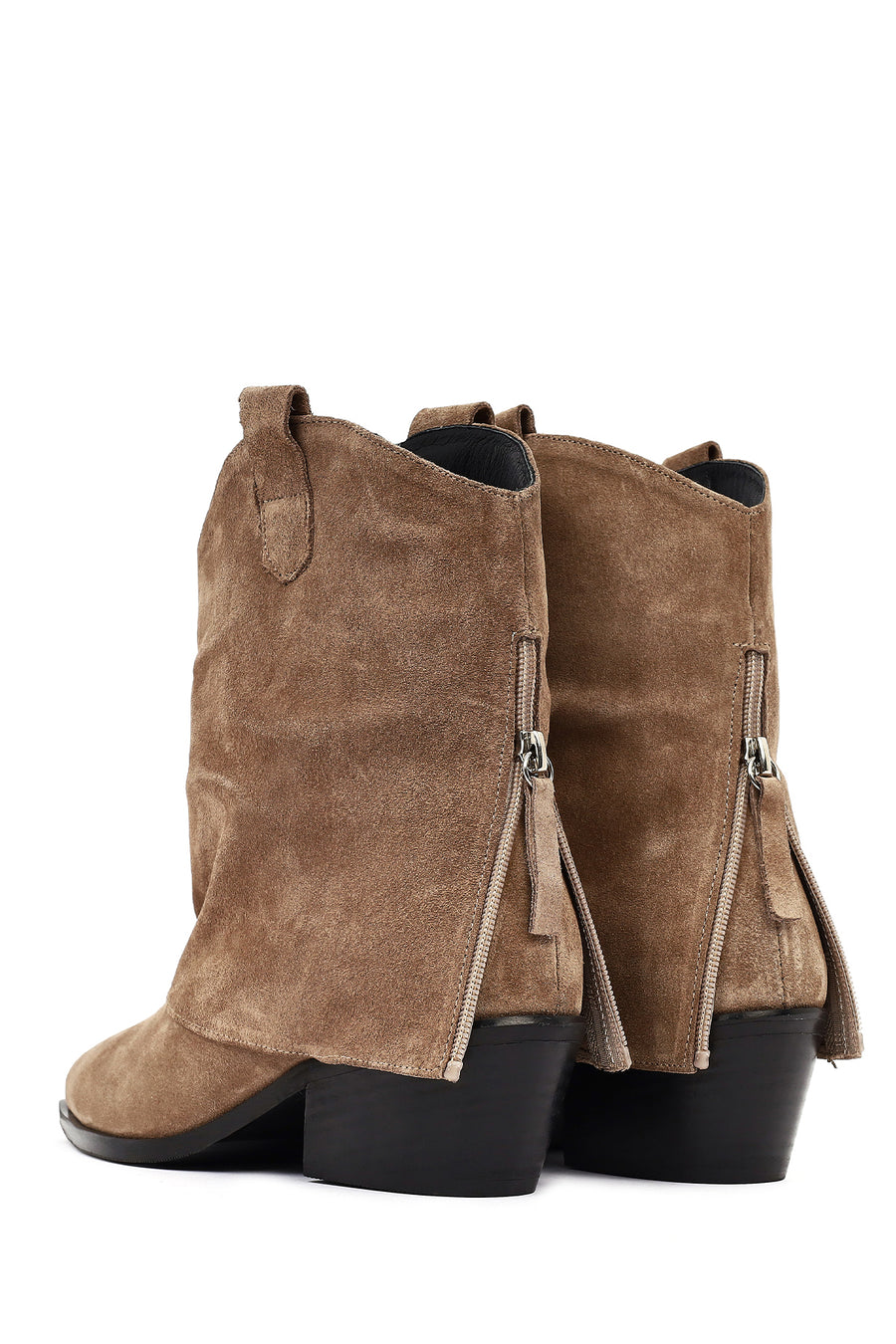 Women's Beige Short Thick Heel Suede Leather Cowboy Boot