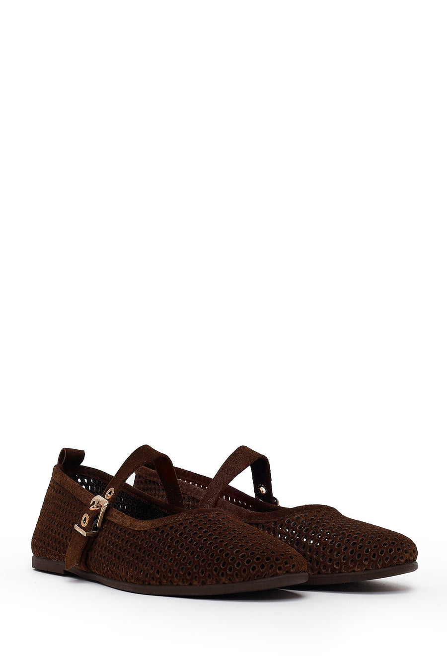 Woman Brown Mesh Suede Leather Ballet Flat