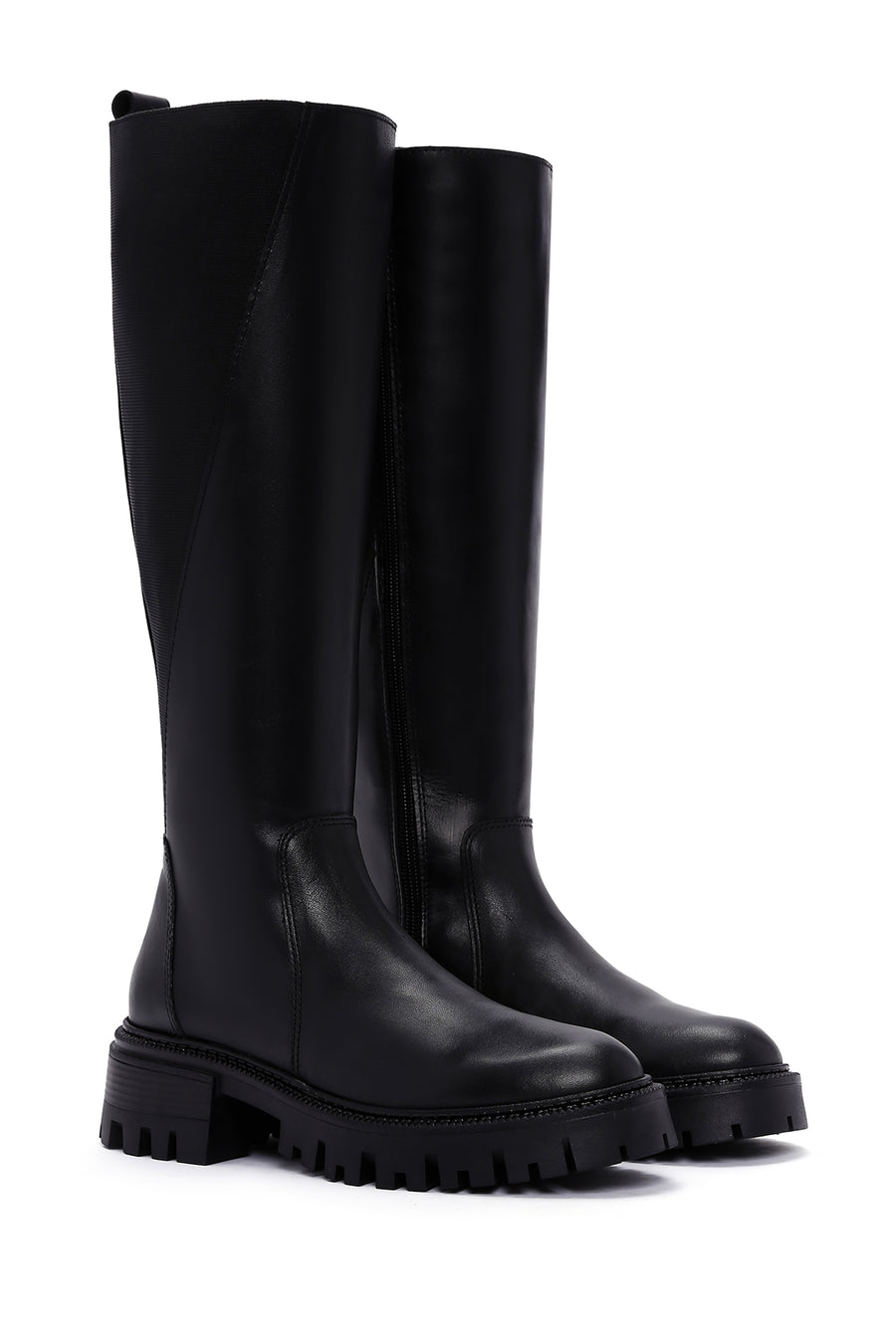 Women's Black Zippered Thick Soled Leather Boots