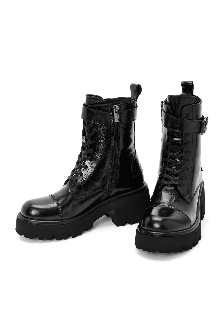 Women's Black Lace-Up Zippered Thick-Soled Leather Boots