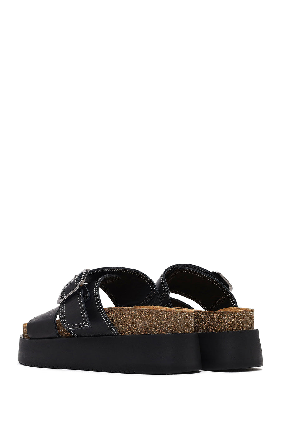 Women's Black Buckled Thick-Soled Leather Slippers