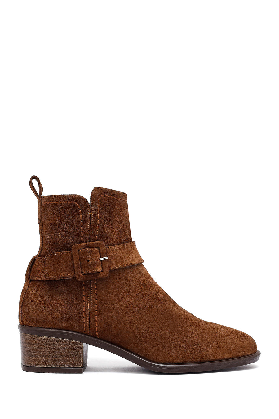Women's Tan Zippered Short Heel Suede Leather Boot 25WFD202810 | Derimod