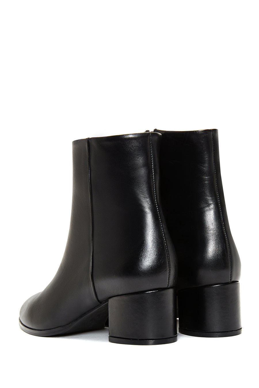 Women's Black Zippered Short Thick Heeled Leather Boots
