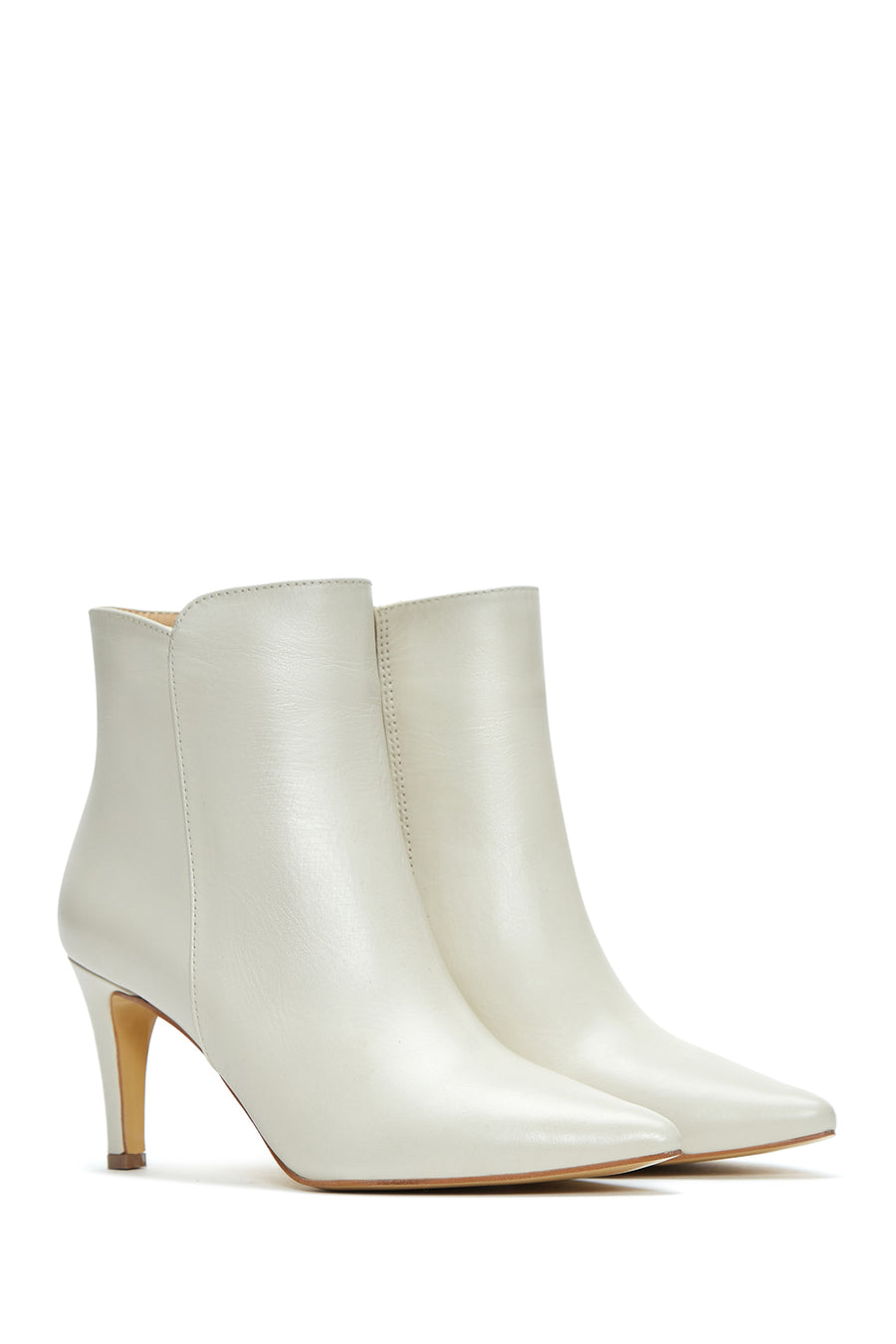 Women's Beige Leather Zippered Heeled Classic Boots
