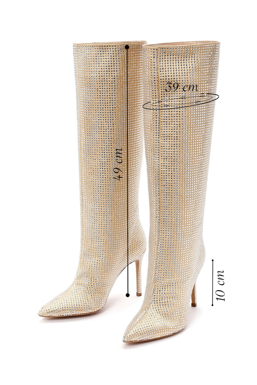 Women's Gold Thin Heeled Stone Leather Boots