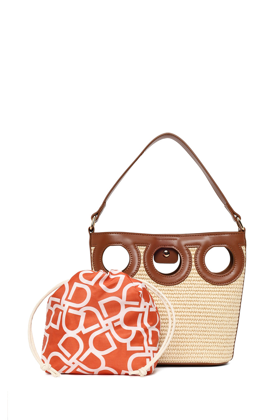 Woman Beige Long-Strap Wicker Shoulder Bag