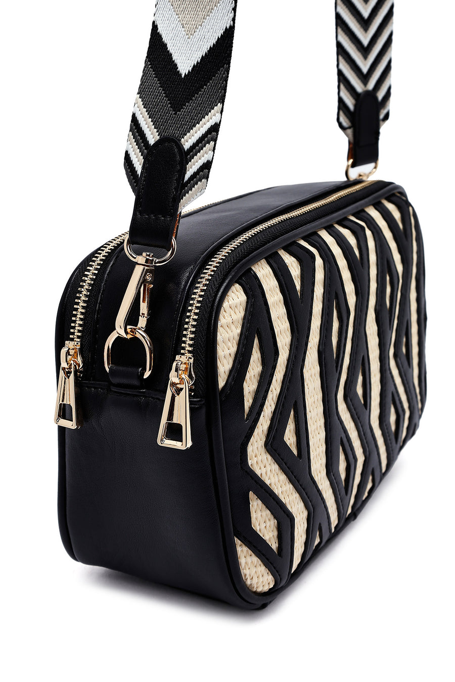 Women's Black Long Strap Patterned Crossbody Bag