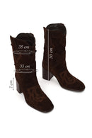Woman Brown Thick-Heeled Patterned Suede Cowboy Boots | Derimod