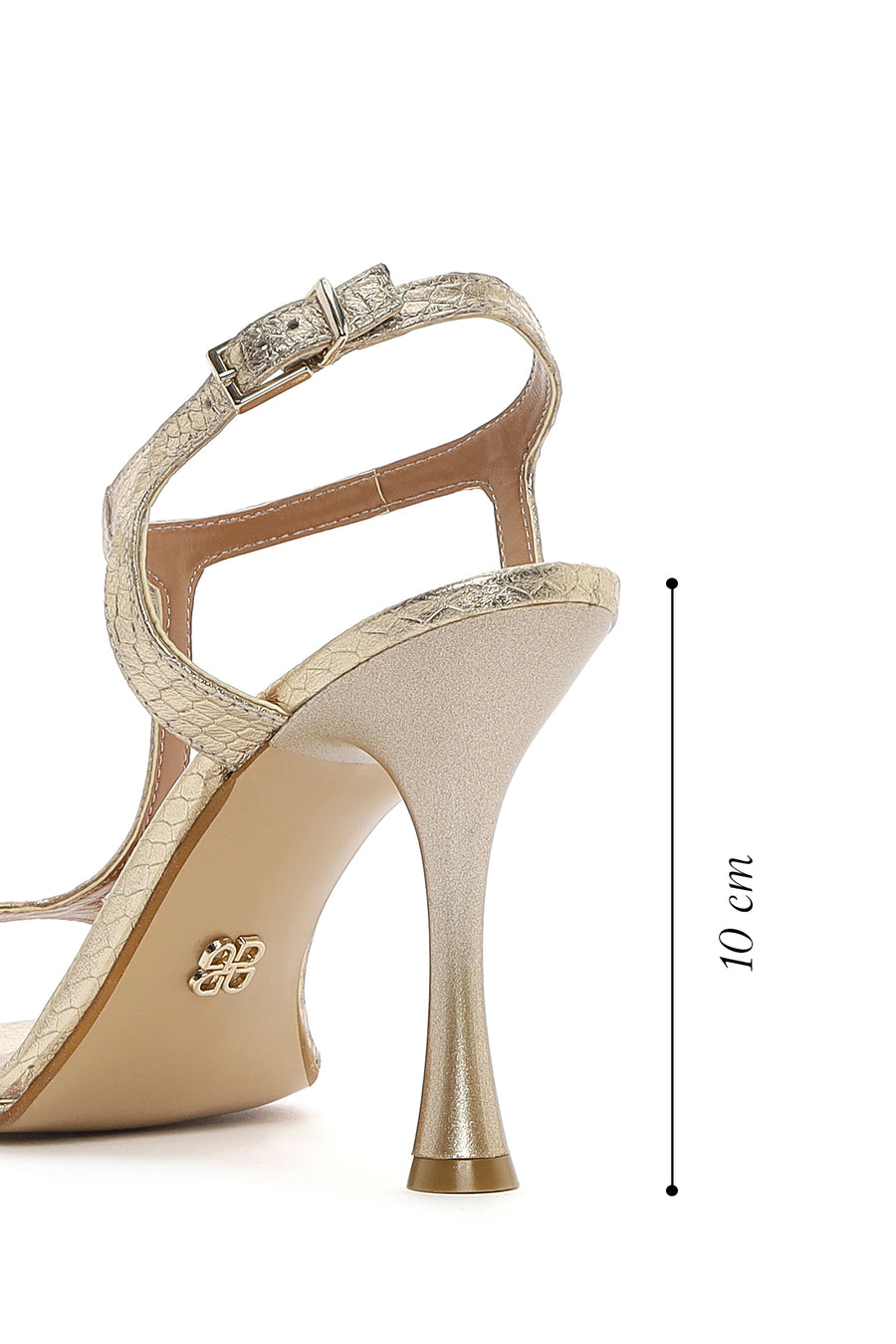 Women's Gold Ankle Strap Patterned Leather Thin High Heel Sandals