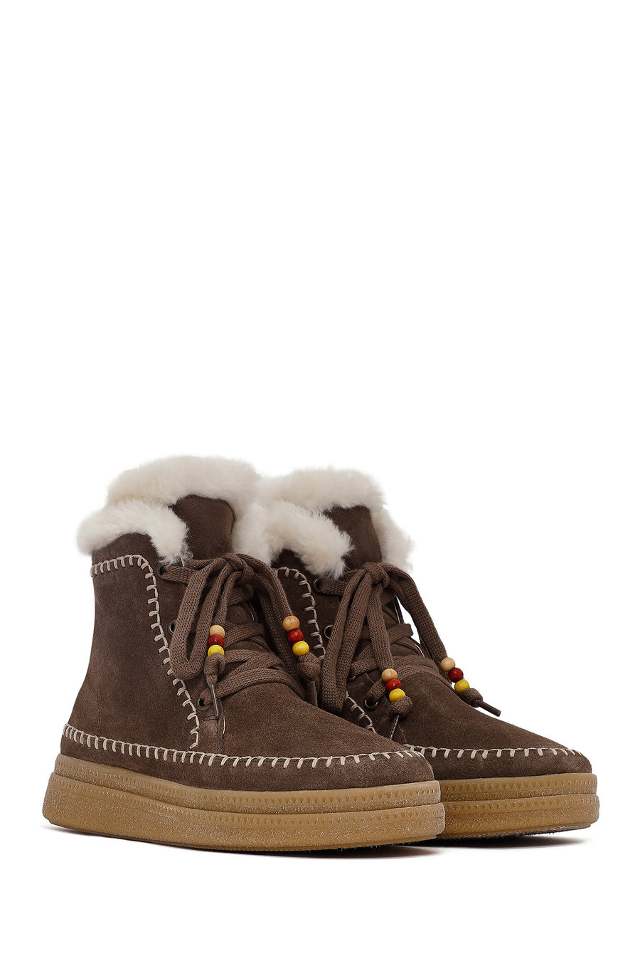 Woman Brown Laced Thick Sole Suede Leather Teddy Bot