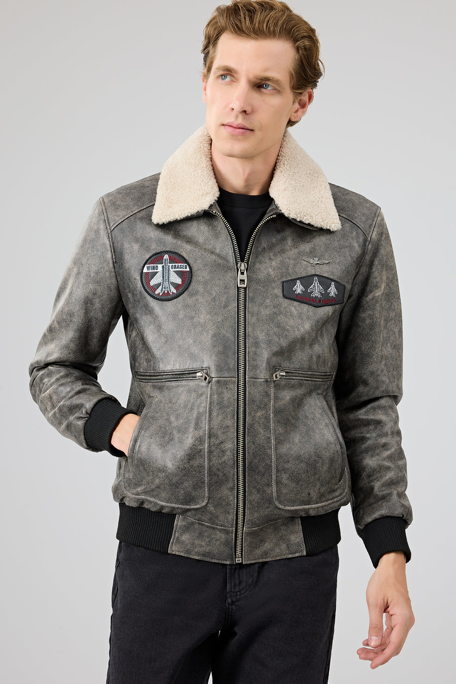 Hurricane Men's Grey Fur Collar Pilot Leather Jacket with Emblem 24WGD6543G6 | Derimod