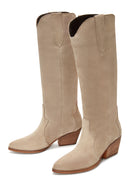 Women's Beige Suede Leather Heeled Cowboy Boots | Derimod